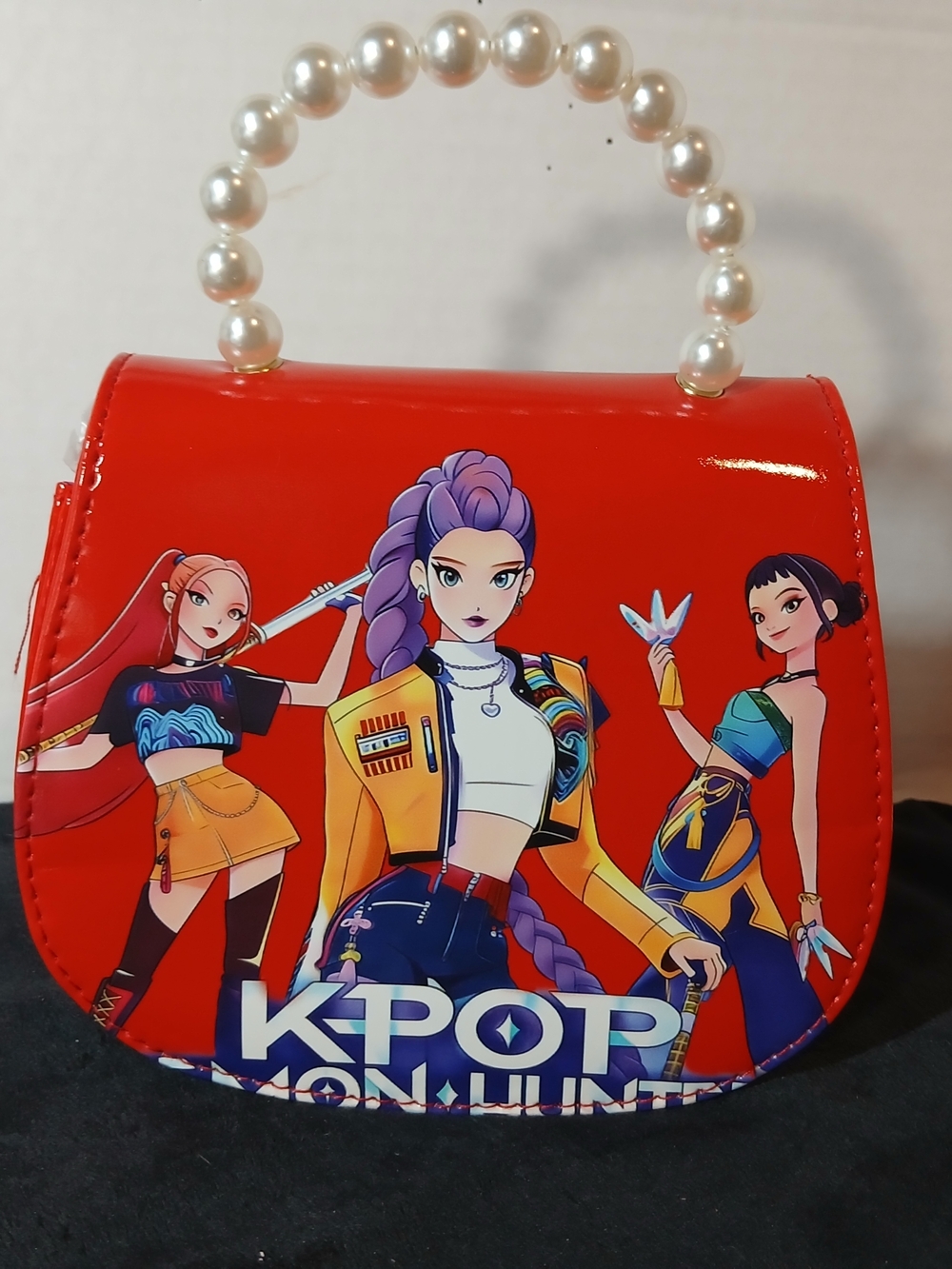 Red Mini Pearl-Handle Crossbody Bag with K-Pop Graphic